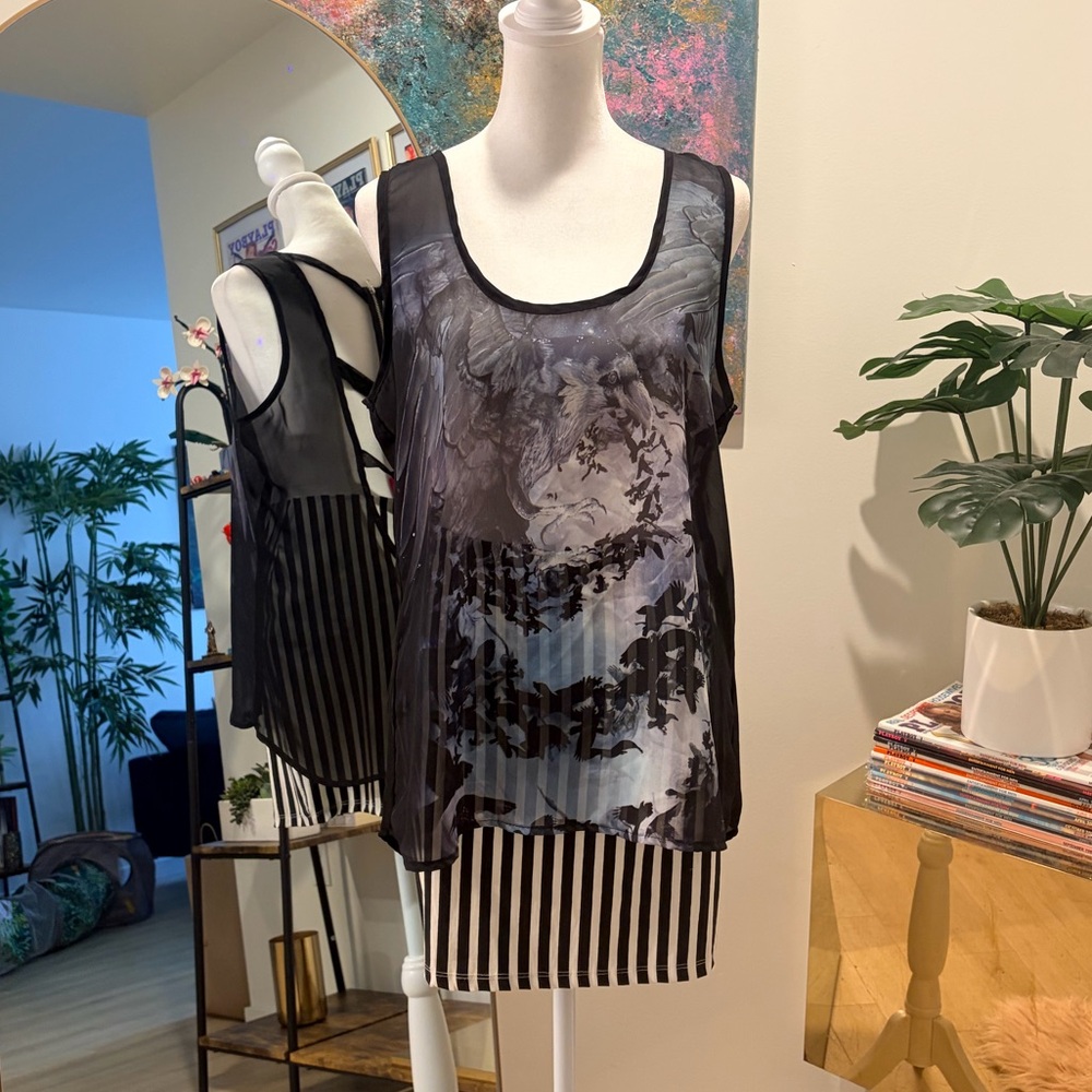 Hot Topic Halloween Sheer Raven Tank Top with Cutout Back size XL